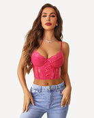 Pink lace lingerie set with corset-style bra, adjustable straps, and matching thong