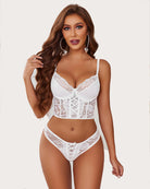 White lace bra and matching panty set with underwire cups and scalloped edges