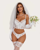 White lace bridal lingerie set with bra, panty, and thigh garter straps