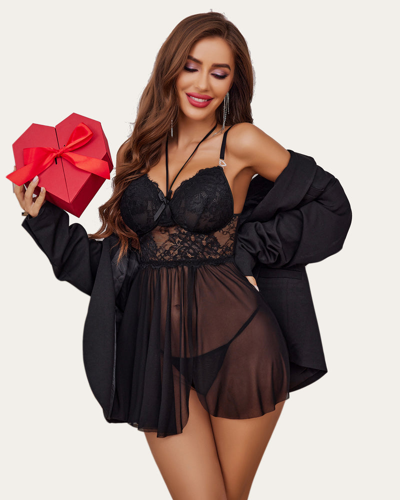 Black lace babydoll mesh sleepdress with lace bodice and flowing sheer chiffon hem