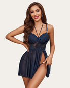 Navy lace babydoll mesh sleepdress with underwire cups and sheer layered skirt
