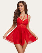 Red lace-print mesh babydoll sleepdress with scalloped cups and thin straps