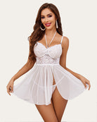 White lace babydoll mesh sleepdress with lace bodice and side-slit sheer skirt