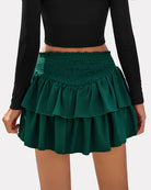 High-waist ruffle mini skirt, green, layered ruffle hem with smocked elastic waist