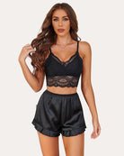 Black lace bralette and silk ruffled shorts set, scalloped lace trim