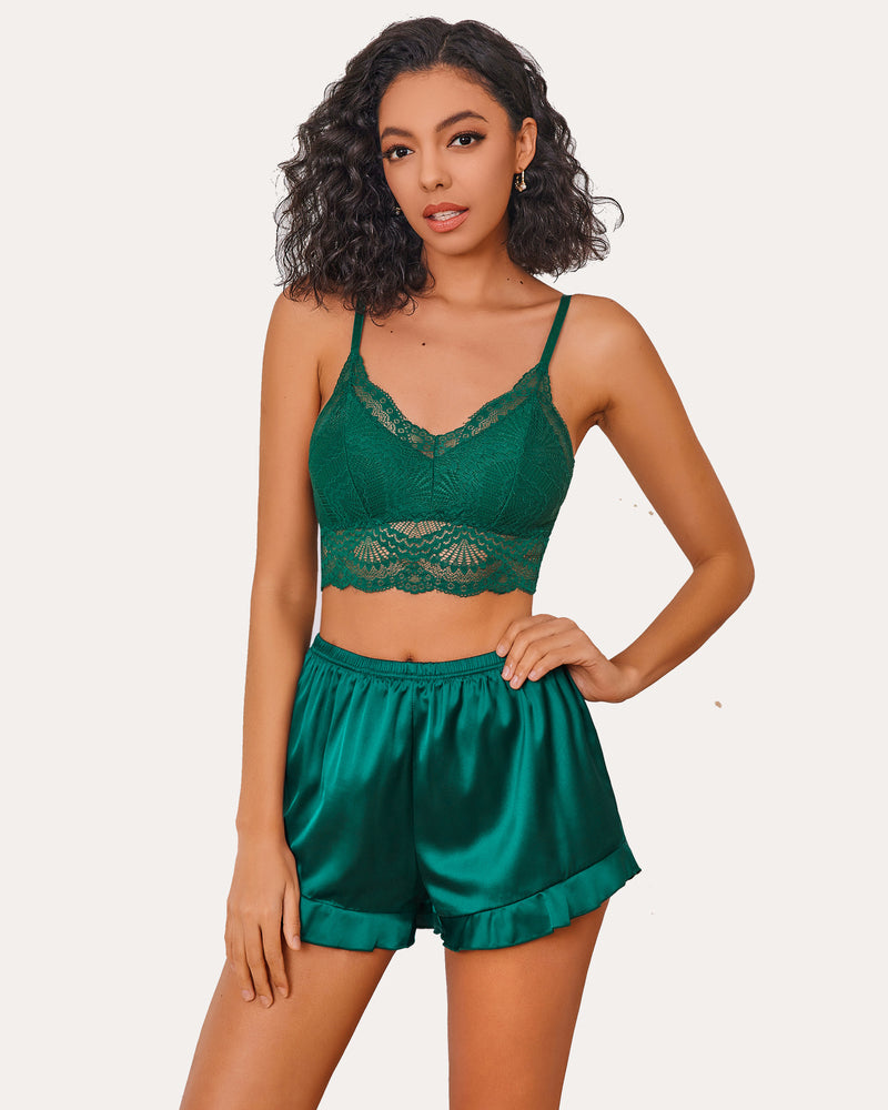 Dark green lace bralette and silk ruffled shorts set, scalloped lace band