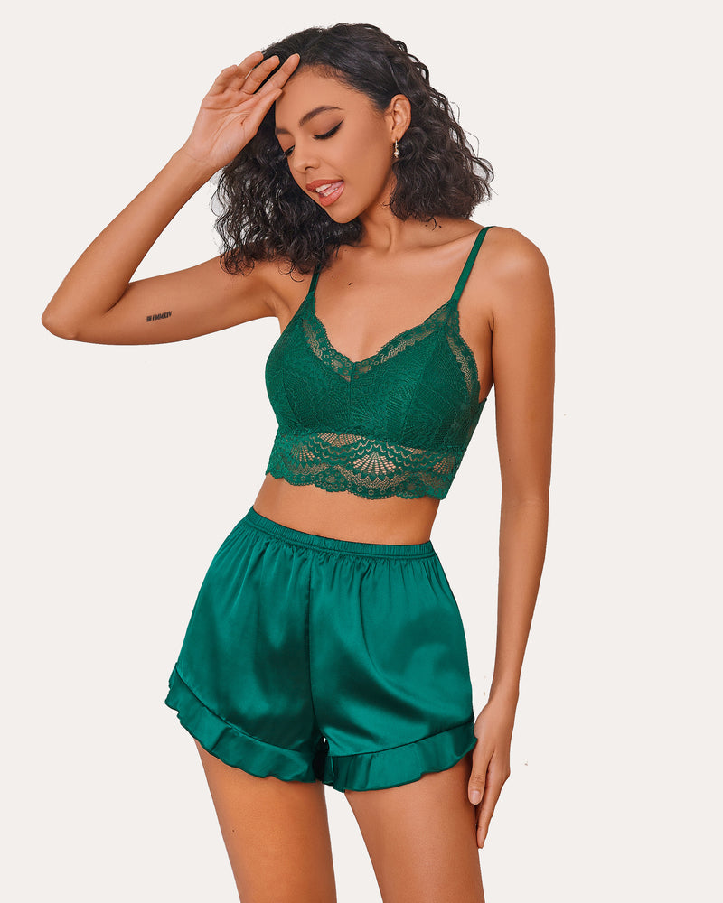 Dark green lace bralette and silk ruffled shorts set, V-neck lace with ruffle hem