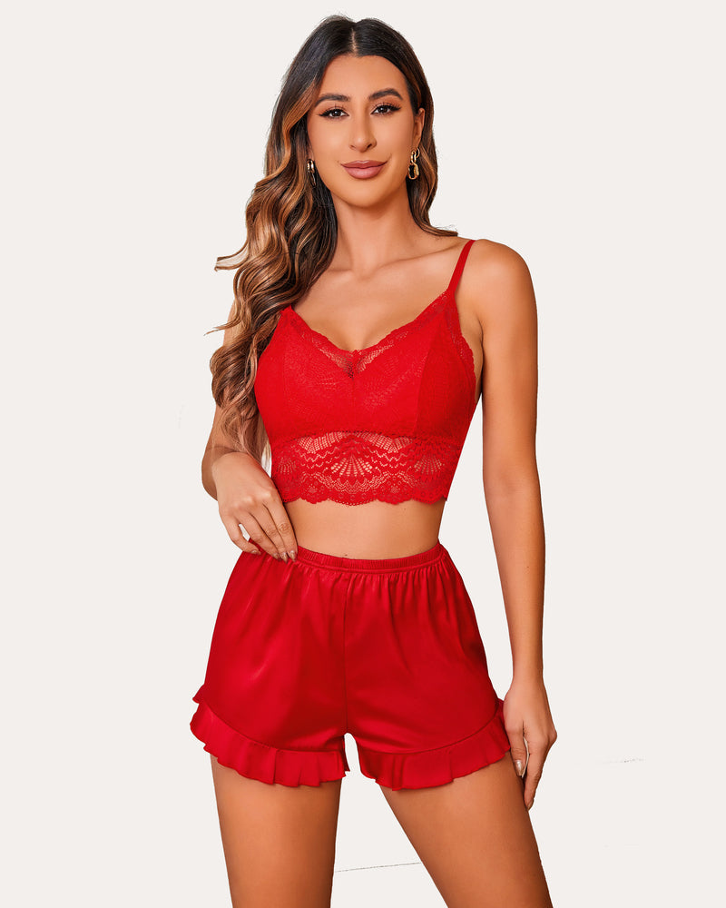 Red lace bralette and silk ruffled shorts set, scalloped lace bust and shorts