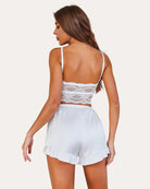 White lace bralette and silk ruffled shorts set, lace back strap and ruffled shorts