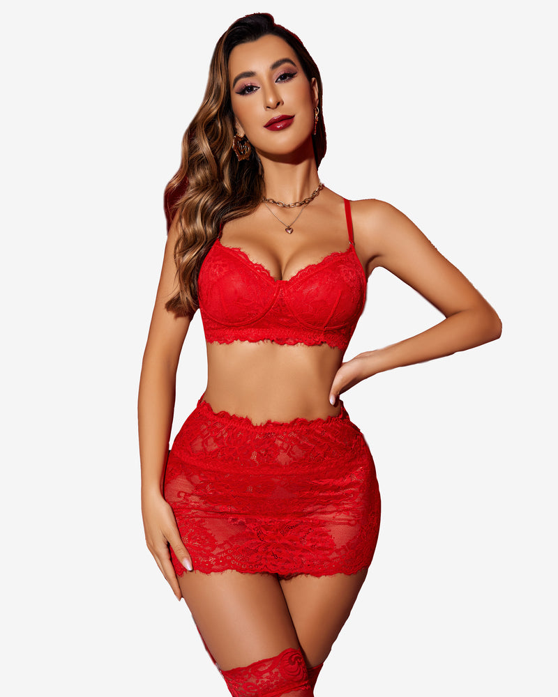 Red lace lingerie set with underwire bra, mini skirt, and garter thigh straps