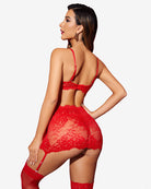 Red lace backless lingerie set with bra, mini skirt, and garter thigh straps