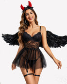 Black lace underwire lingerie set with sheer tulle skirt and garter straps