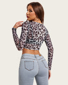Leopard print sheer mesh crop top with long sleeves, back view