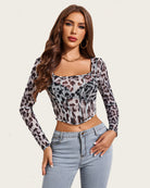 Leopard print sheer mesh crop top with long sleeves and square neckline