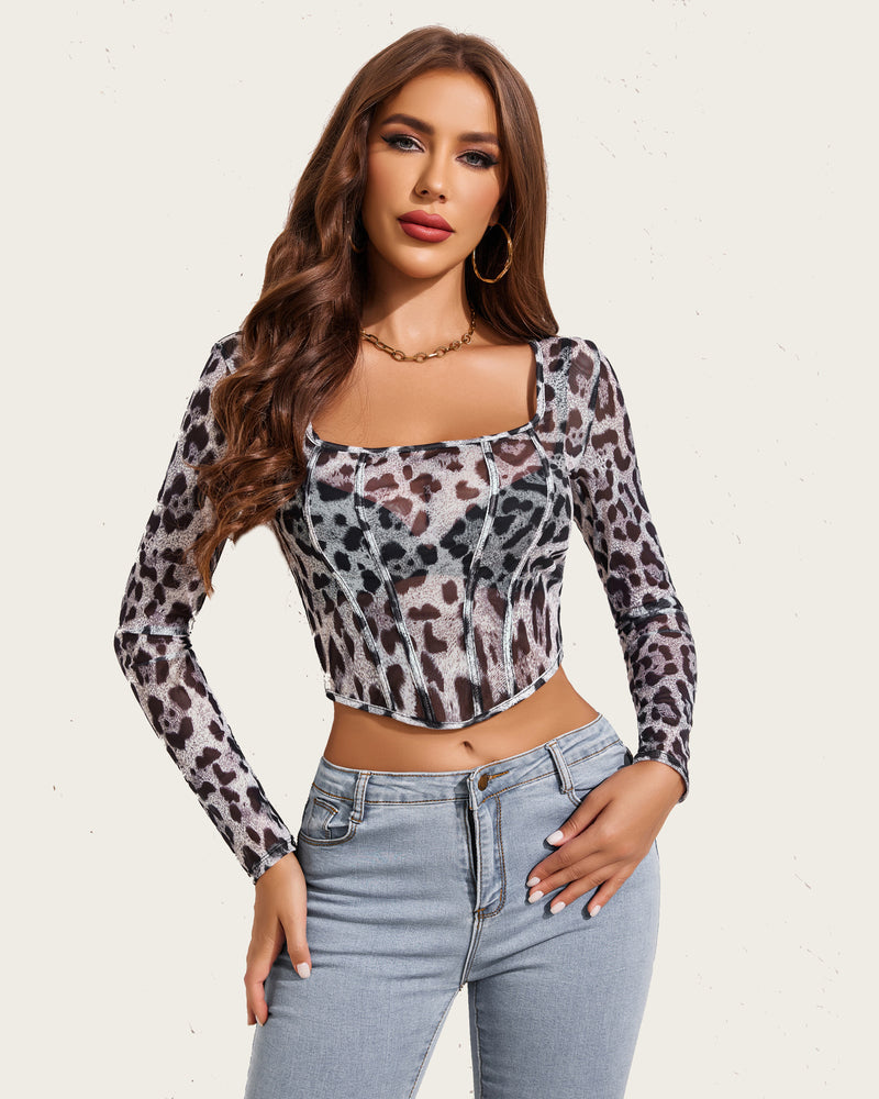 Leopard print sheer mesh crop top with long sleeves and square neckline