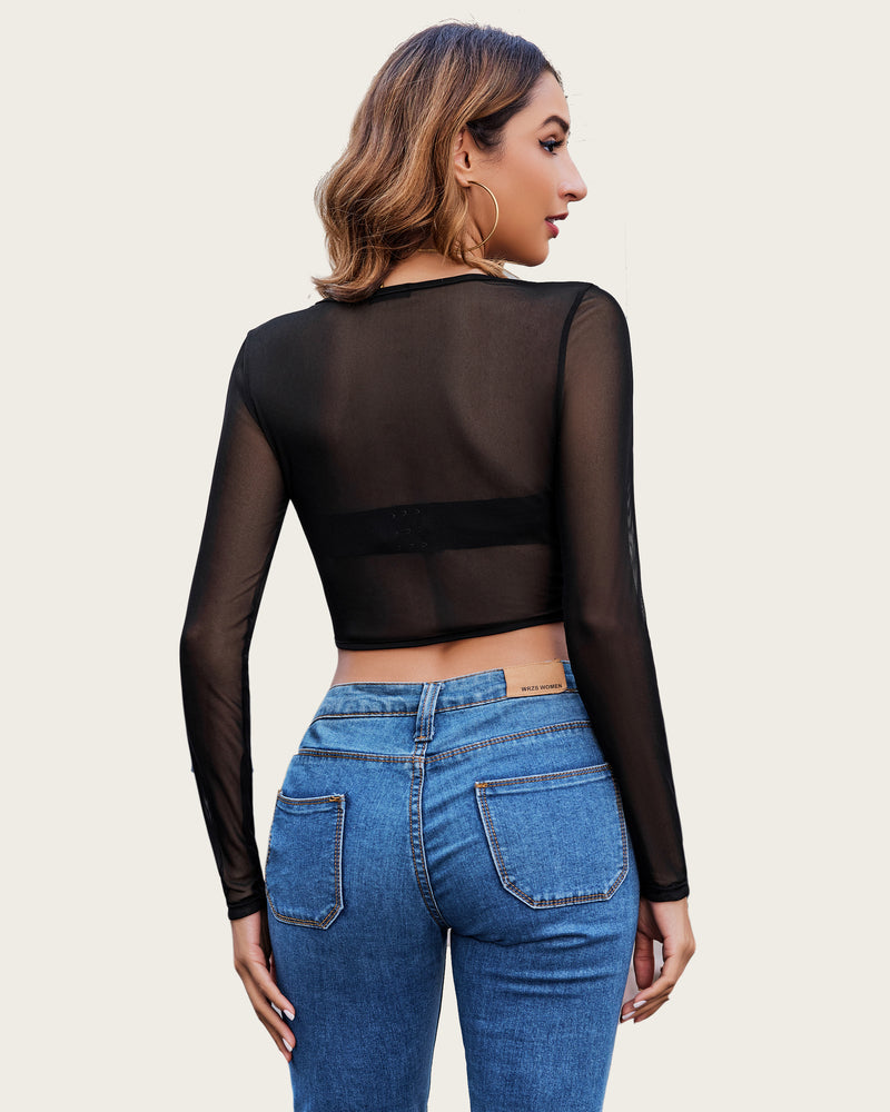 Sheer black mesh crop top with long sleeves and open back panel