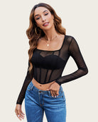Sheer black mesh long-sleeve crop top with square neckline and panel seams