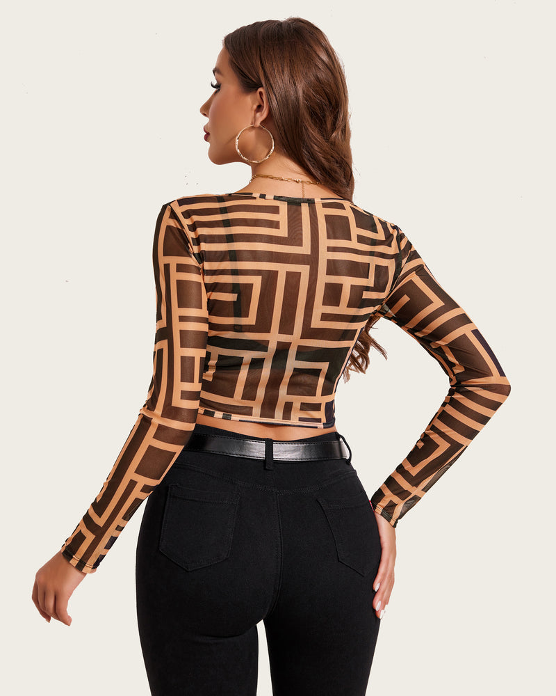 Geometric mesh crop top with sheer long sleeves, brown and black outline pattern