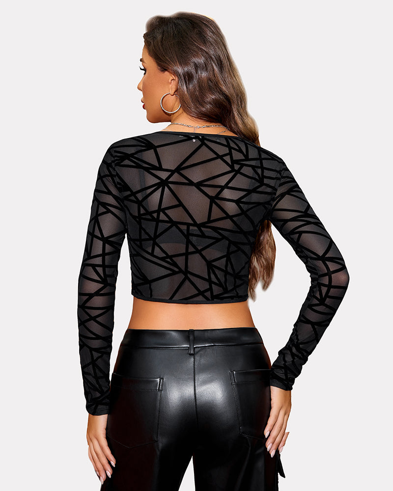 Black sheer mesh crop top with geometric pattern back, long sleeves