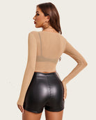 Nude sheer mesh crop top with scoop back, long sleeves, corset seams