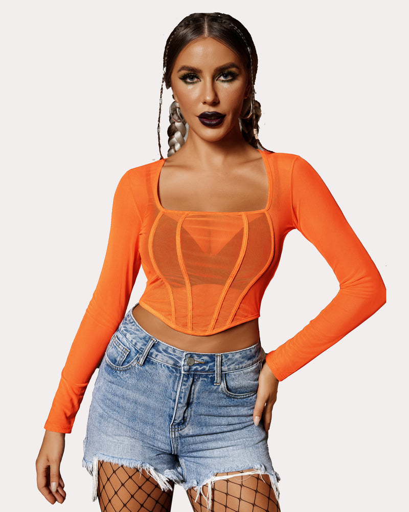 Orange sheer mesh crop top with square neckline, long sleeves, corset-style seams