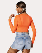 Orange sheer long-sleeve mesh crop top, back view