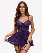 Purple mesh nighty with lace bodice, corset lacing, flared skirt, and garter belt