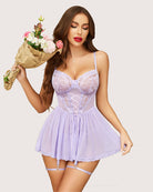 Lilac lace mesh babydoll nighty set with underwire cups, corset front and lace hem