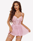 Pink mesh boudoir nighty with lace cups, corset detailing and garter belt straps