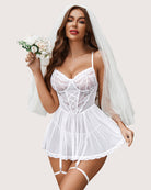 White lace mesh boudoir nighty set with lace cups, corset detailing, sheer flared mini skirt