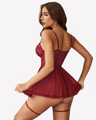 Burgundy mesh nighty with lace back, flared skirt, and matching garter stockings