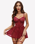 Red mesh nighty with lace bodice, flared skirt, and garter belt with stockings