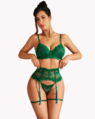 Green lace bra and panty set with suspender garters and lace applique trim