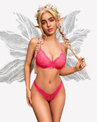 Pink lace push-up bra and panty set, front view with scalloped lace edges