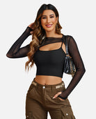 Black mesh crop top and cami set, sheer long sleeves with scoop neckline