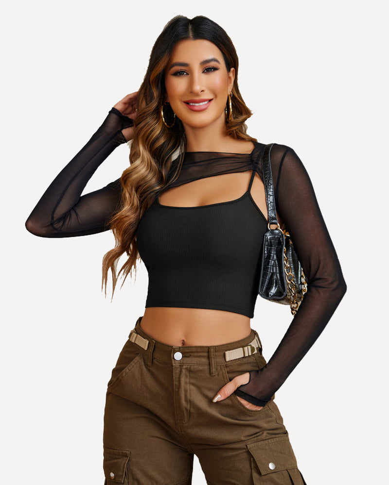 Black mesh crop top and cami set, sheer long sleeves with scoop neckline