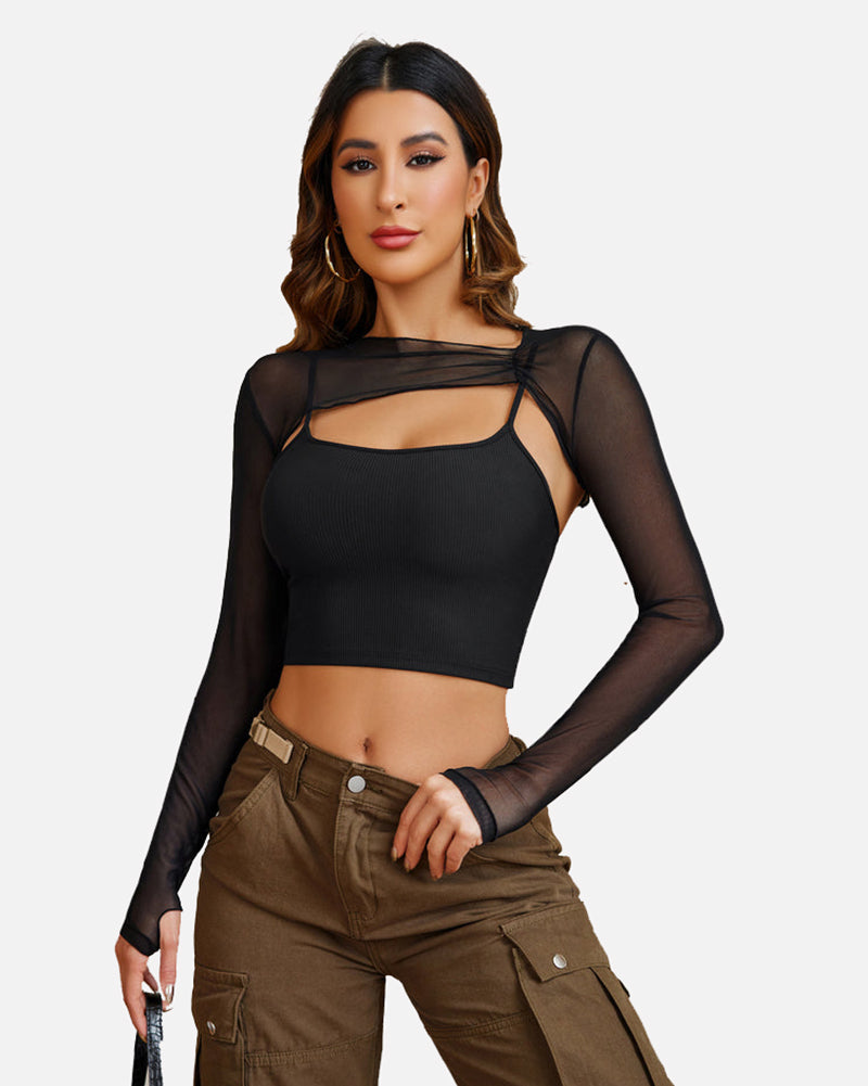 Black mesh crop top and cami set, sheer long sleeves over ribbed cami