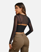 Black mesh crop top and cami set, backless sheer long sleeves