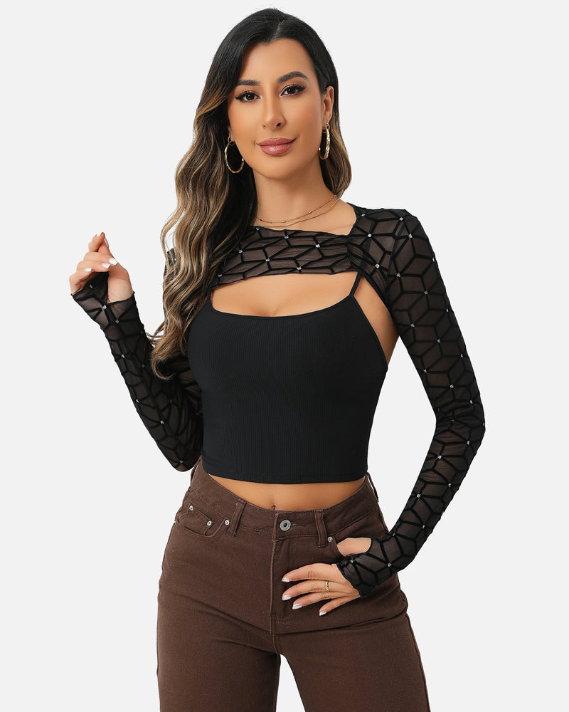 Black mesh crop top and cami set, geometric sheer long sleeves and cutout