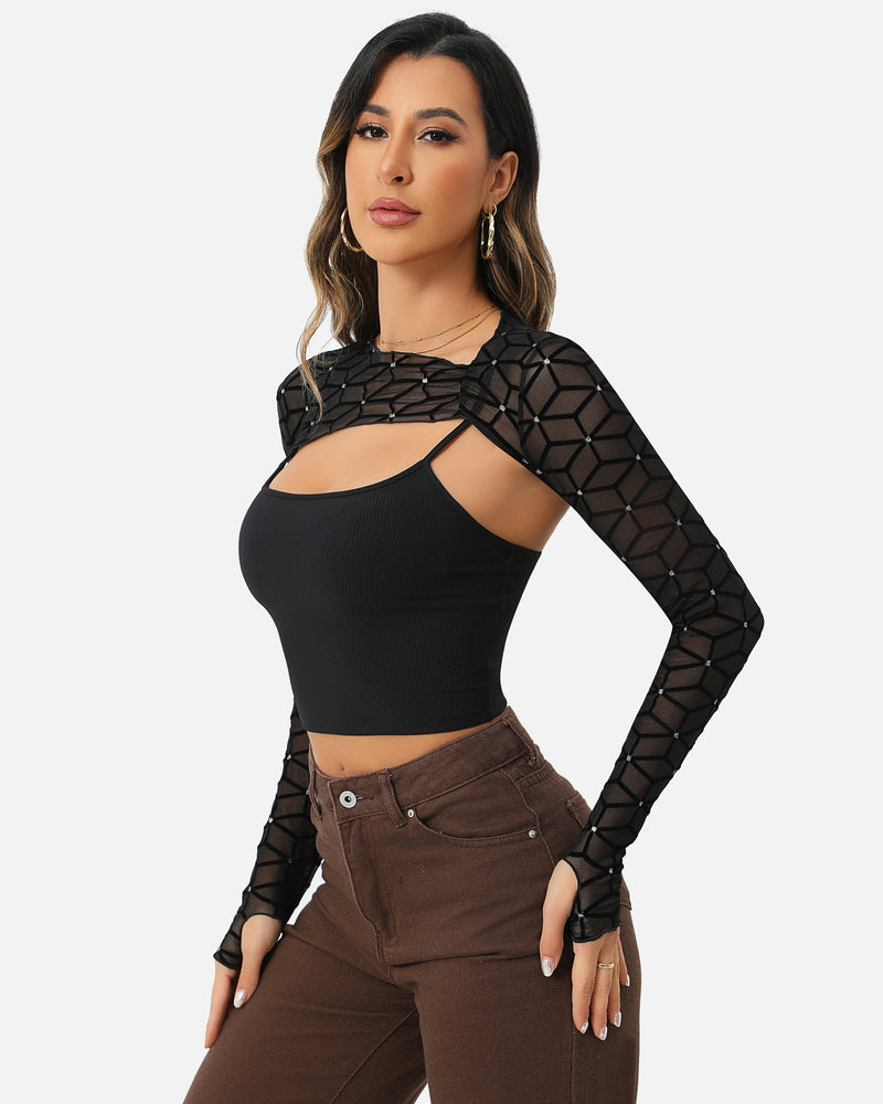 Black mesh crop top and cami set, geometric sheer sleeves with oval cutout