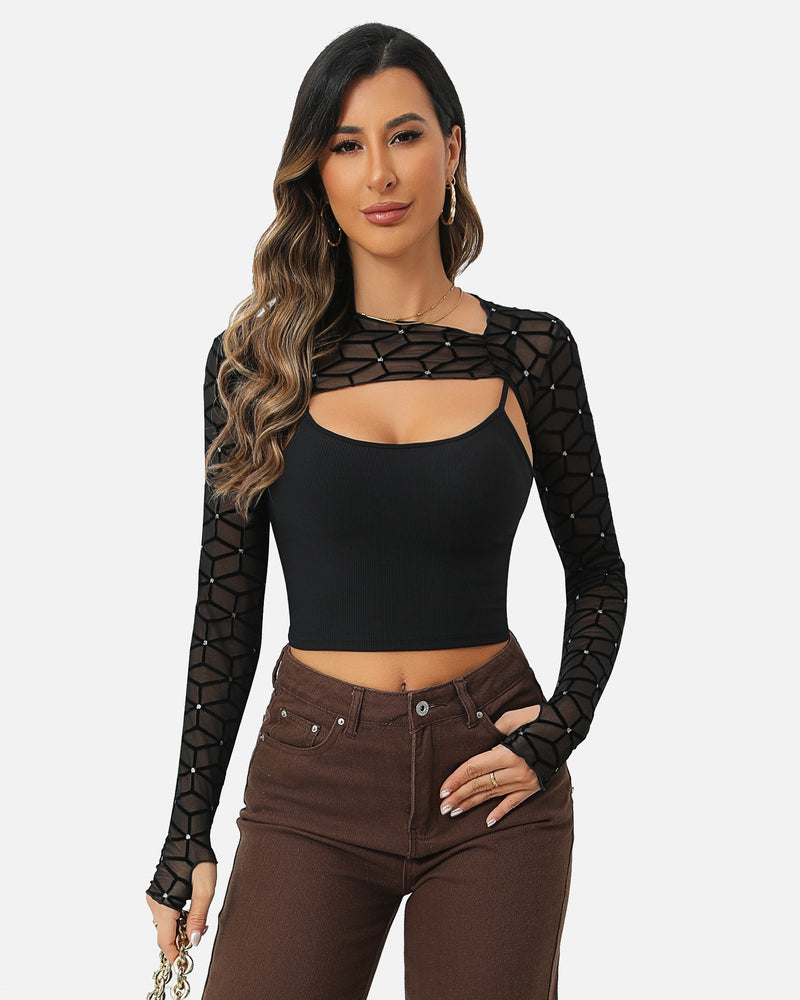 Black mesh crop top and cami set, geometric sheer long sleeves over cami