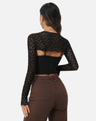 Black mesh crop top and cami set, open back with geometric sheer long sleeves