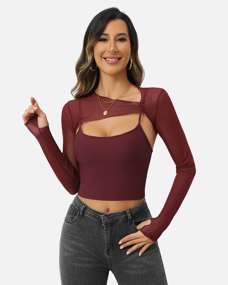 Maroon mesh crop top and cami set, long sheer sleeves with twist neckline