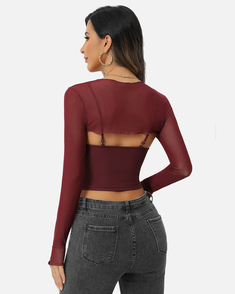 Maroon mesh crop top and cami set, open back with long sheer sleeves