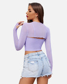 Lilac mesh long-sleeve crop top set shown from back with open cutout