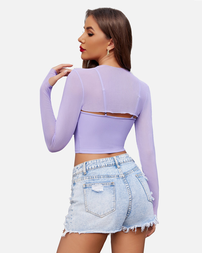 Lilac mesh long-sleeve crop top set shown from back with open cutout