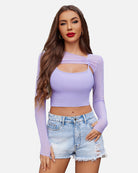 Lilac mesh long-sleeve crop top set with ribbed cami and front cutout