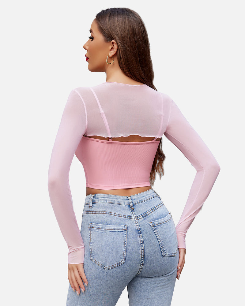 Pink mesh long-sleeve crop top set shown from back over ribbed cami