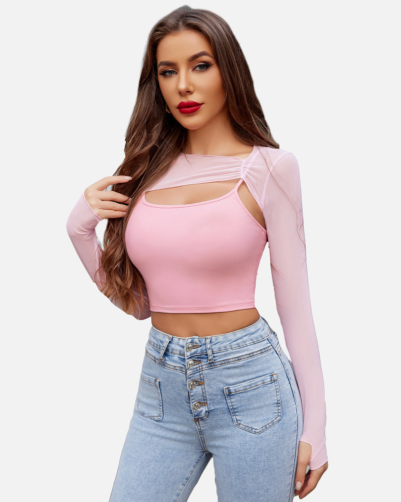 Pink mesh long-sleeve crop top set over ribbed cami with front cutout