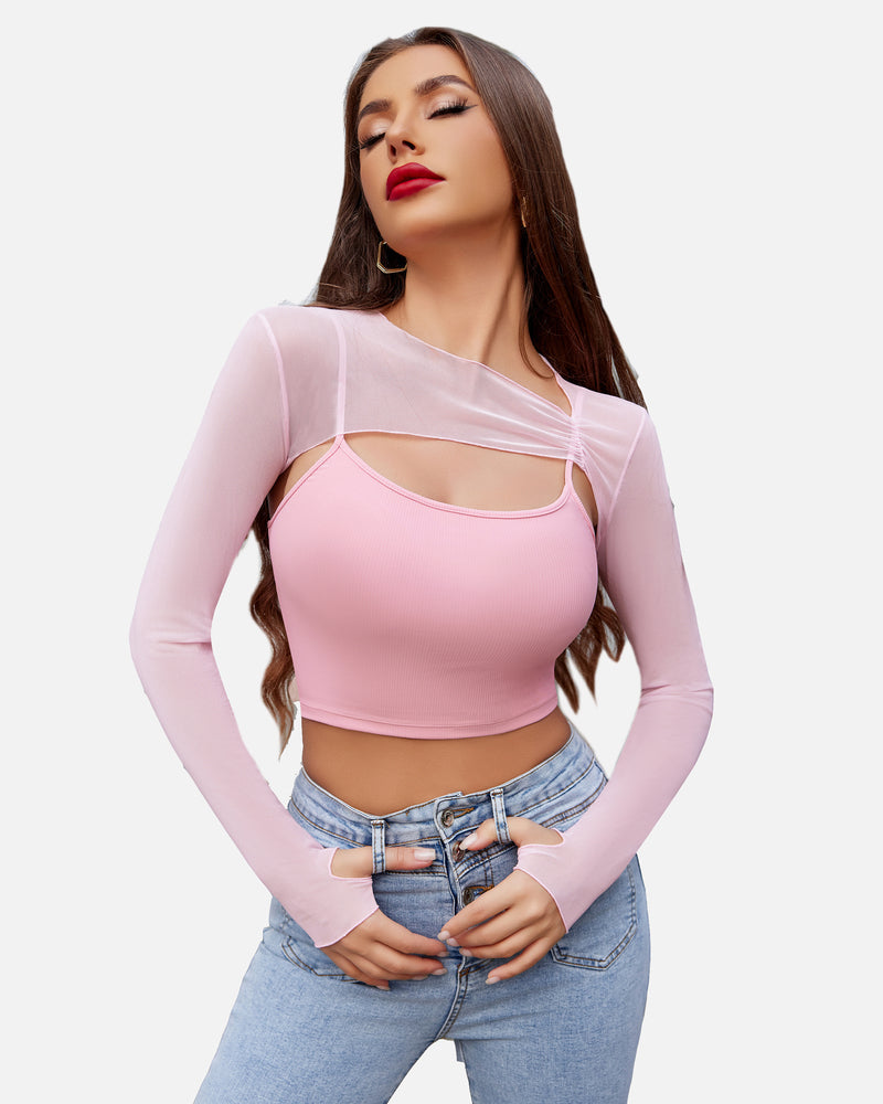 Pink mesh long-sleeve crop top set with ribbed cami and knotted neckline
